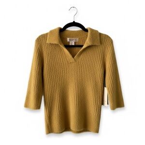 NWT• BAILEY 44 Fuzzy Collared Sweater Top XS Mustard Yellow Polo Ribbed Knit